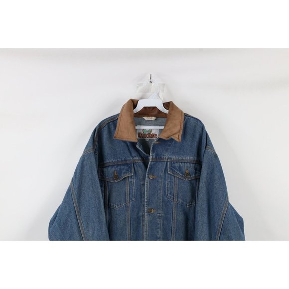 Vtg 90s Streetwear Mens Medium Distressed Leather Collar Denim Trucker Jacket - Picture 2 of 12
